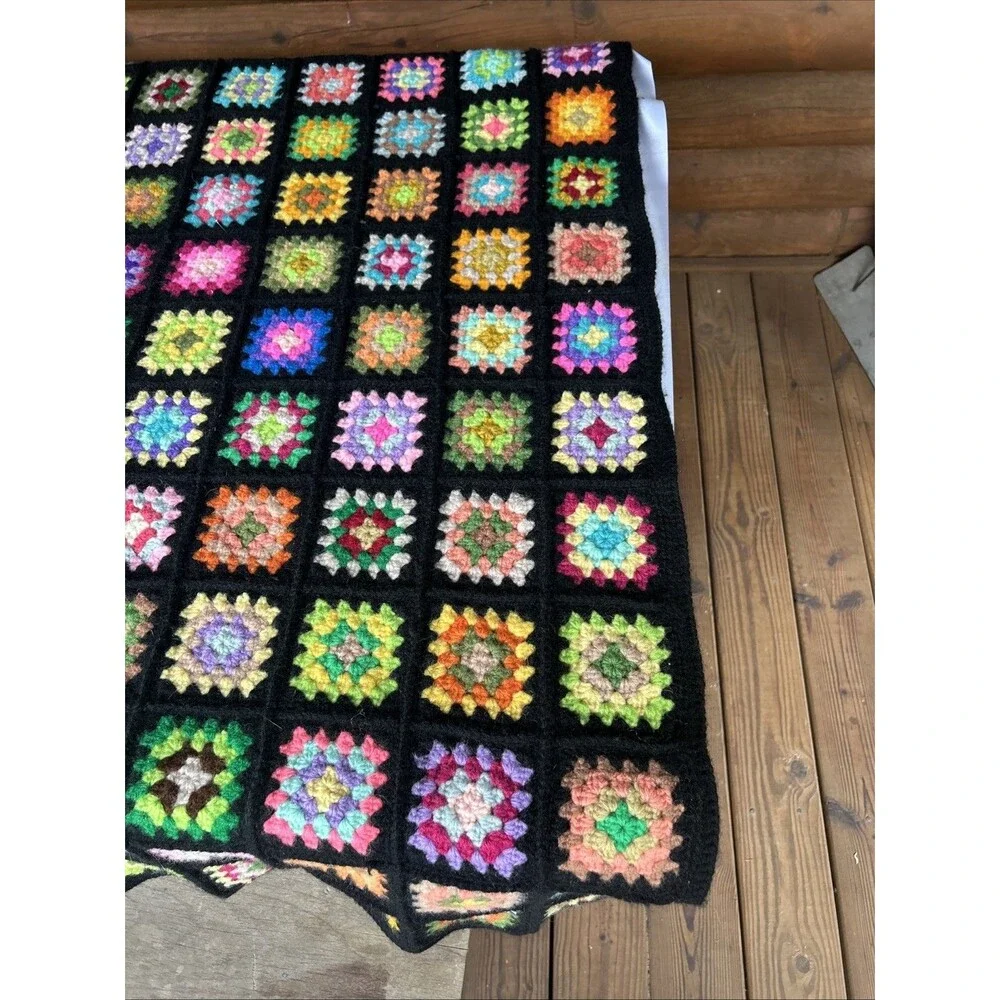 Vtg 1970s Heavy Granny Square Afghan Blanket 56x76 Black Border Retro Throw